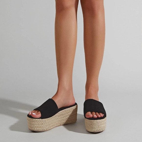 Espadrille Sole Suedette Wedge Slide Sandals in Black / Tan Size 7.5 US - Picture 2 of 5